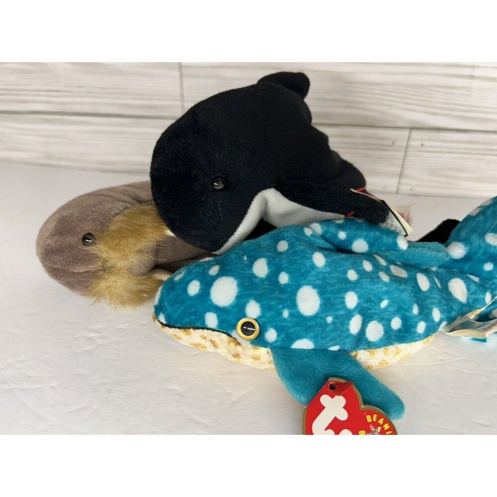 Ty Beanie Baby Aquatic Lot Poseidon Whale Shark, Jolly Walrus, Waves Orca Whale